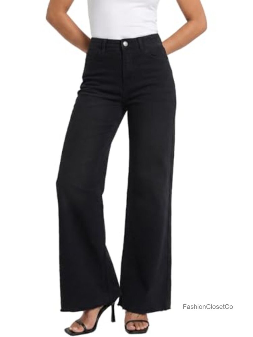 High Waisted Wide Leg Jeans Stretchy Denim Pants Frayed Hem